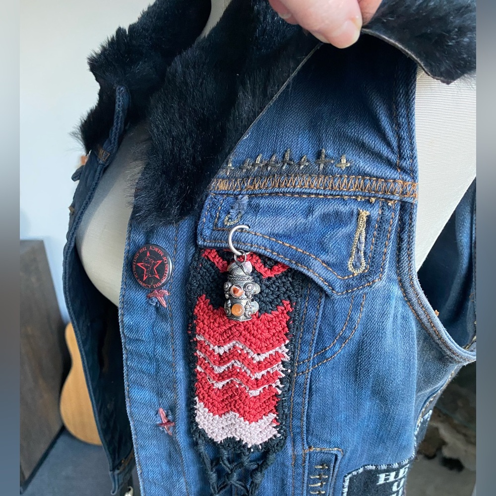 Custom Denim Fur Biker Patches Fringe Vest festival metal goth agatha blois NYC - Picture 13 of 16